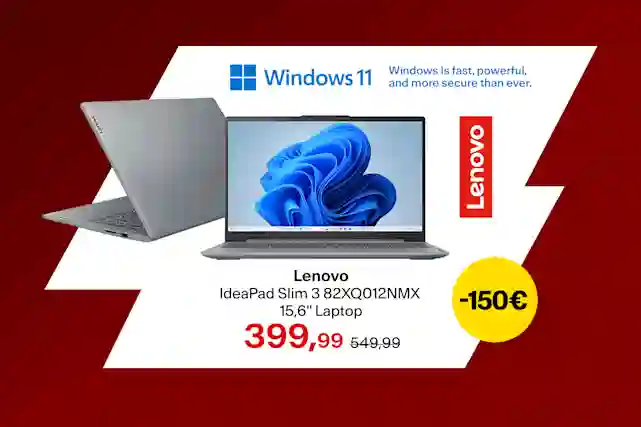 Lenovo IdeaPad Slim 3 kannettava tietokone Windows 11 -käyttöjärjestelmällä. Hinta 399,99 euroa, alennus 150 euroa.