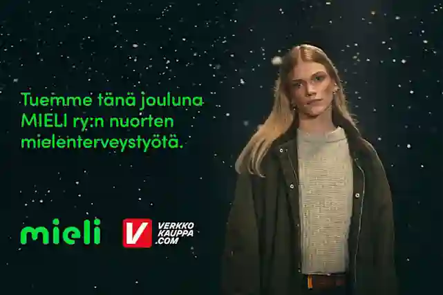 Teksti:"Tuemme tänä jouluna MIELI RY:n nuorten mielenterveystyötä." Mieli-logo ja Verkkokauppa.com-logo. 