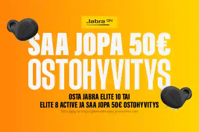 Jabra-nappikuulokkeet. Teksti:"Saa jopa 50 euron ostohyvitys. Osta Jabra Elite 10 tai Elite 8 Active ja saa jopa 50 euron ostohyvitys!"