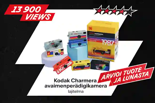 Kodak Charmera avaimenperädigitalkameroiden lajitelma eri väreissä ja pakkauksissa. 13 900 katselukertaa, 4,5 tähden arvio.