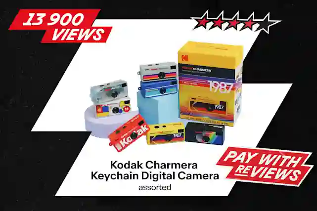 Kodak Charmera assortment of keychain digital cameras in various colors and packages. 13,900 views, 4.5-star rating.