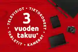 Televisio, tabletti, kamera ja tietokone. Teksti: 3 vuoden takuu.
