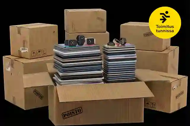 Kuvassa paljon pahvilaatikoita ja etuosan pahvilaatikko on auki ja sieltä tulee kasa tabletteja, kasa älykelloja. Niiden päällä muutamia älykelloja ja älysormuksia. Vieressä pallura, jossa teksti:"Toimitus tunnissa". Kuvassa käytetty AI-työkalua.