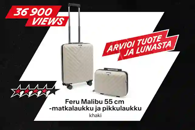 Khaki Feru Malibu 55 cm matkalaukku ja pikkulaukku. 36 900 katselukertaa. 4,5 tähden arvio. Tuote ja lunasta -merkintä.