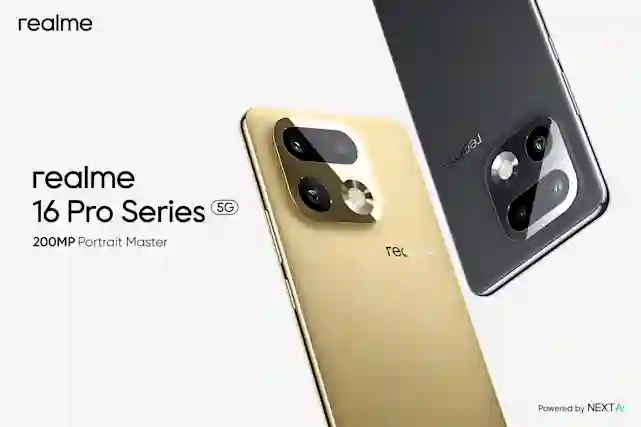 Realme 16 Pro Series 5G smartphones in gold and gray, 200MP Portrait Master camera.