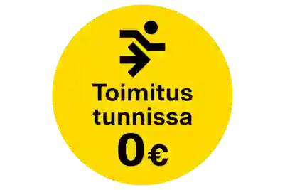 Ilmainen toimitus tunnissa teksti palluran sisällä. Pallurassa myös juoksevaa henkilöä kuvastava ikoni.