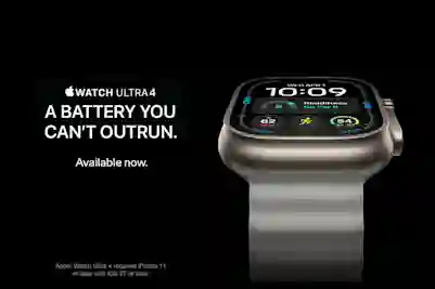 Apple Watch Ultra 4 with titanium band on a black background. Text: A battery you won't run out of steam with. Available now.