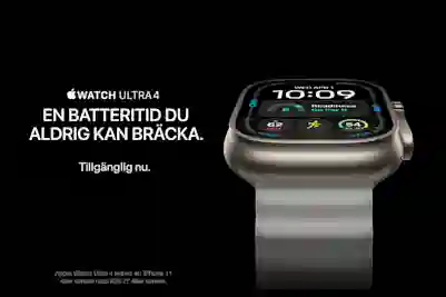 Apple Watch Ultra 4 med titanarmband mot svart bakgrund. Text: Ett batteri som håller längre än du. Tillgänglig nu.