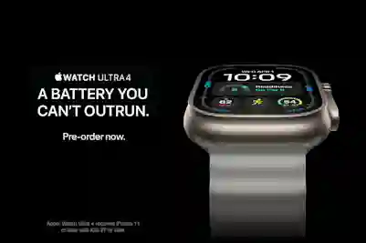 Apple Watch Ultra 4 with titanium band on a black background. Text: A battery you won't run out of steam with. Pre-order now.