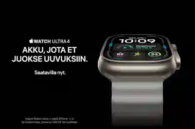 Apple Watch Ultra 4 titaanisella rannekkeella mustalla taustalla. Teksti: Akku, jota et juokse uuvuksiin. Saatavilla nyt.