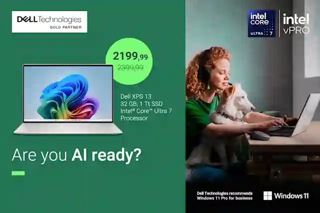 Dell XPS 13 32 GB 1 Tt SSD Intel Core Ultra 7. 2199,99 € norm. 2399,99 € Are you AI ready? Tekstien vieressä kuva naisesta läppärin äärellä, ja hänellä on koira sylissään. Dell suosittelee yrityksille Windows 11 Pro -käyttöjärjestelmää.
