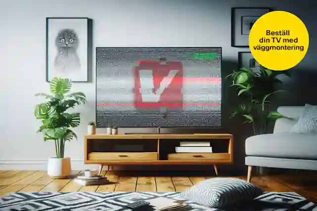 En TV-skärm visar en V-logotyp mitt i bildstörningar. Hos Verkkokauppa.com hittar du TV-apparater och antenner för HD-övergången.