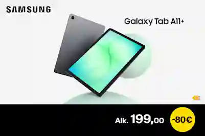 Samsung Galaxy Tab A11+ -tabletti turkoosilla näytöllä ja harmaalla taustalla. Alk. 199,00. -80€.