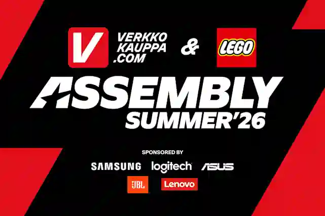 Verkkokauppa.com ja LEGO Assembly Summer'26 -tapahtuman mainos mustalla ja punaisella taustalla. Sponsorit LEGO, Samsung, Logitech, ASUS, JBL ja Lenovo.