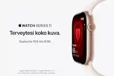 Apple Watch series 11. Terveytesi koko kuva. Saatavilla 19.9. klo 8.00. Vieressä kuva kellosta.