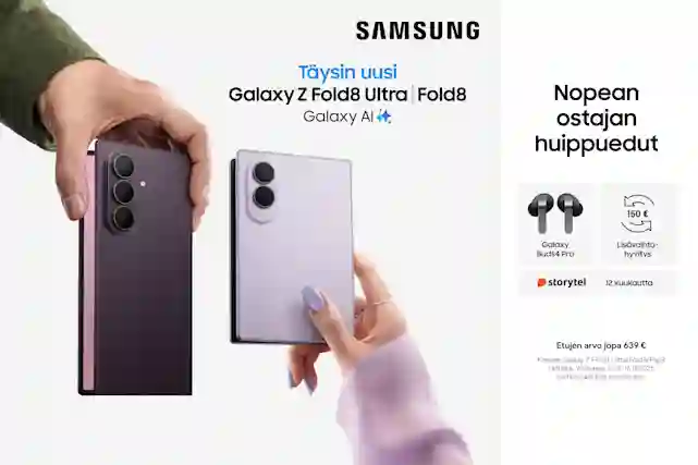 Samsung Galaxy Z Fold8 -kampanja: Galaxy Buds4 Pro -kuulokkeet ja 150 euron lisävaihto-hyvitys ostajalle.