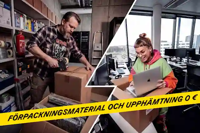 Sommarkampanj för återköp: begagnade IT-enheter packas för transport och en mottagen bärbar dator öppnas på kontoret. Förpackningsmaterial och upphämtning 0€.