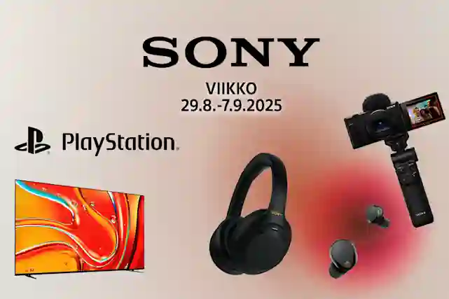 Sony viikko 29.8.-7.9.2025. Mukana laajasti Sonyn tuotteita kuten televisioita, kuulokkeita, kameroita ja Playstation tuotteita.