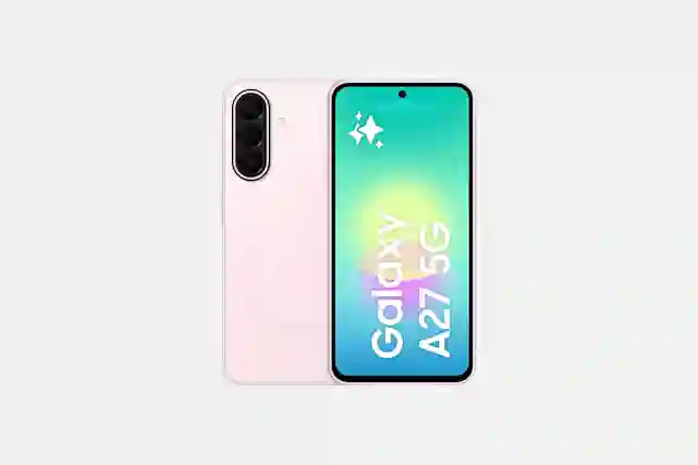 Light pink Samsung Galaxy A27 5G smartphone with the model name and Galaxy logo displayed on the screen.