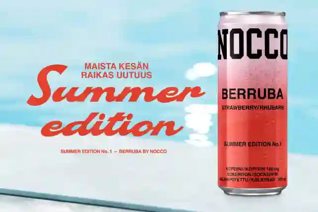 NOCCO-energiajuomatölkki uima-altaan reunalla. Teksti:"Maista kesän raikas uutuus. Summer edition: Berruba - Strawberry/Rhubarb."