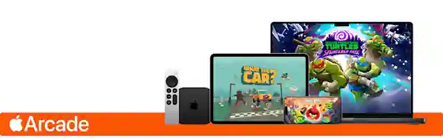 Apple Arcade -logo. Vieressä Apple TV 4K, iPad Pro, iPhone 16 ja MacBook Pro joissa on Apple Arcadessa olevia pelejä auki.