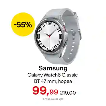 Samsung Galaxy Watch6 Classic BT 47 mm, hopea 99,99 € (norm. 219,00 €). Eräkoko 20 kpl. Vain Helsingin myymälästä superlauantaina.