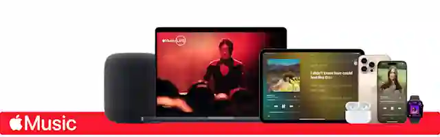 Apple Music päällä iPhonessa ja Apple Watchissa. Molempien vieressä AirPod-kuulokkeet.