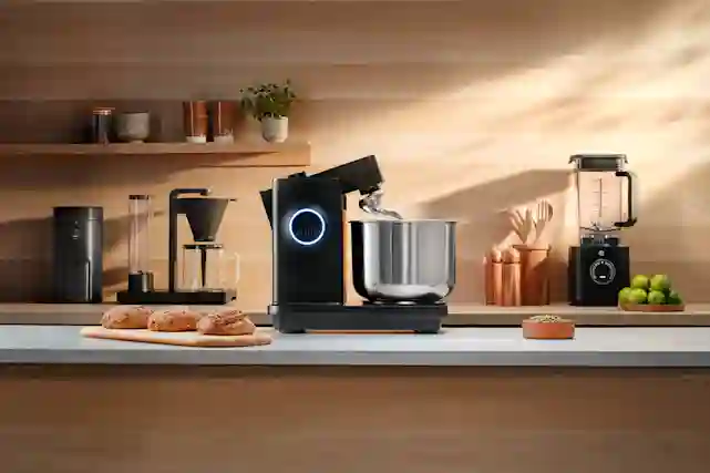 Puinen keittiö jossa Wilfan mustia pienkoneita. Kahvinkeitin, blenderi ja monitoimikone.