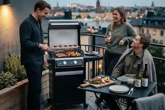 Grilliherkkuja sähkögrillissä kaupunkiasunnon parvekkeella.