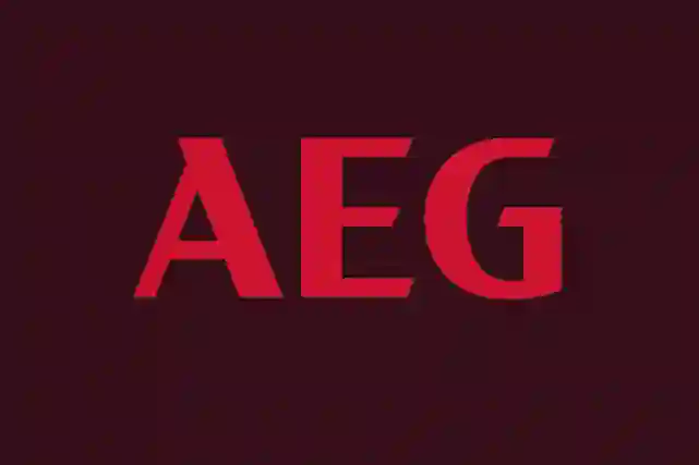 AEG logo, punainen teksti tummalla pohjalla.
