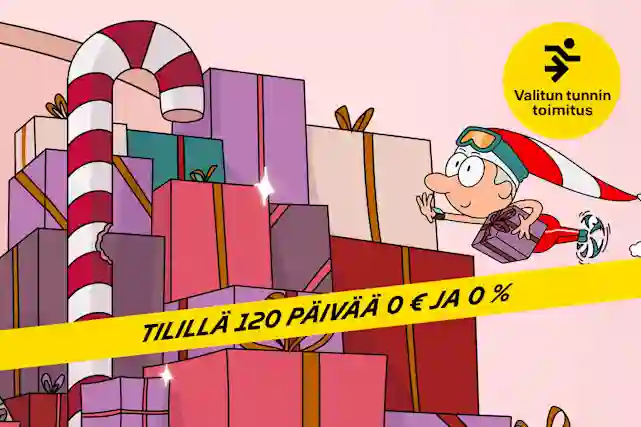 Sarjakuvamaisesti piirretty paketteja ja niiden edestä menee keltainen nauha jossa lukee:"Tilillä 120 päivää 0 € ja 0 %". Oikeassa yläkulmassa pallura jossa teksti:"Valitun tunnin toimitus".