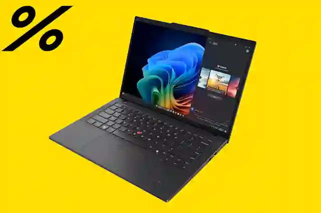 Musta prosentti logo ja vieressä Thinkpad kannettava tietokone. Tutustu tarjouksiin!