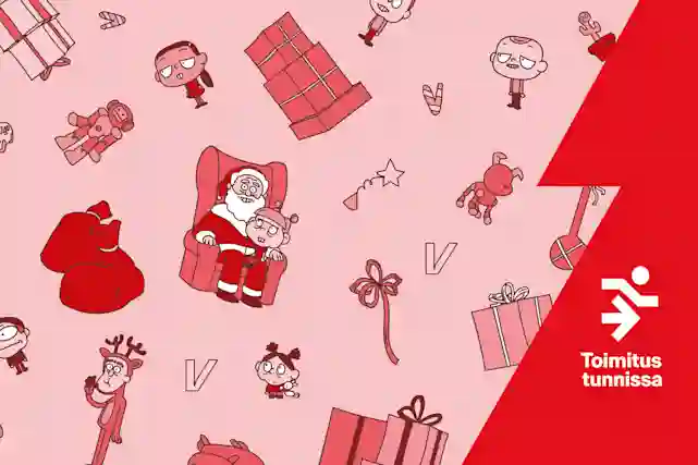 Pieniä jouluun liittyviä hahmoja ja kuvakkeita jouluisen punaisella taustalla. Kuvan sivussa nopeasti etenevä ukkeli, jonka alla teksti: Toimitus tunnissa.