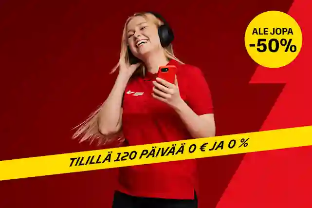 Hymyilevä nainen kuuntelee musiikkia kuulokkeilla ja pitää puhelinta. Ale jopa -50%. Tilillä 120 päivää 0€ ja 0%.