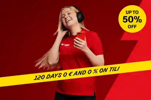 A smiling woman listens to music with headphones while holding a phone. Sale up to -50%. With Tili 120 days 0€ and 0%.