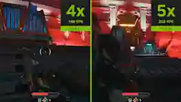 Vertailukuva peliteknologiasta: vasemmalla 4x suorituskyky 198 FPS DLSS 4.5, oikealla 5x suorituskyky 203 FPS DLSS 4.5