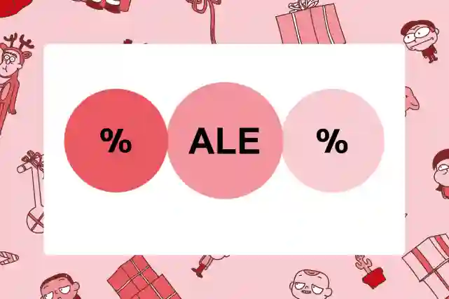 Joululahjat alelaarista. Kuvassa pallo, jossa teksti:"ALE". Vieressä pallot joissa on prosentti-merkki.