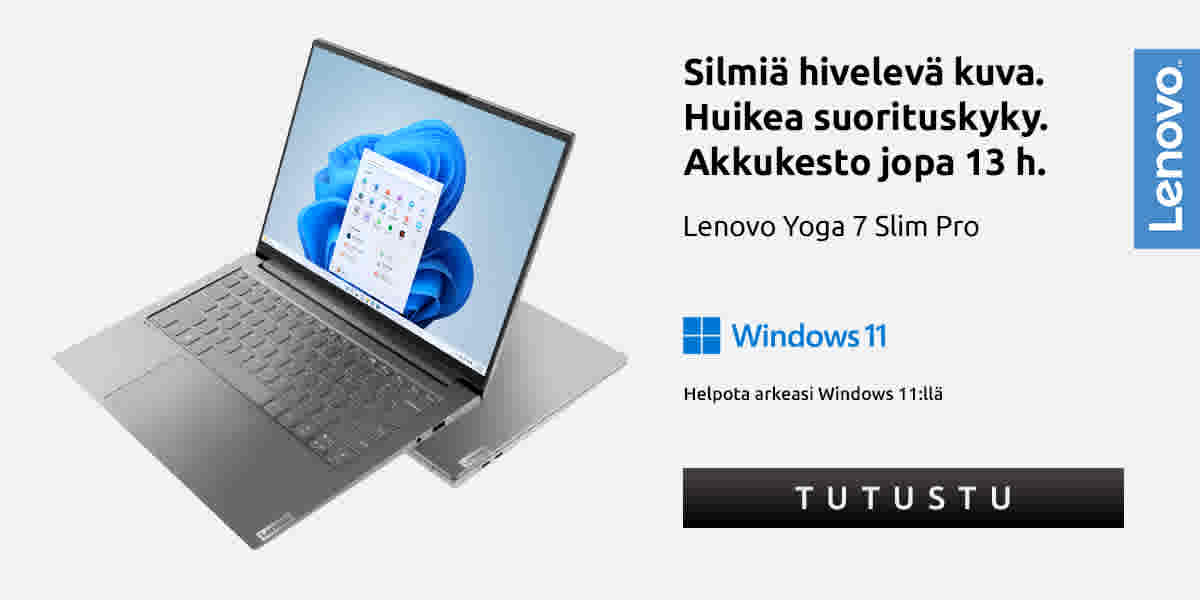 Silmiä hivelevä kuva. Huikea suorituskyky. Akkukesto jopa 13 h. Lenovo Yoga 7 Slim Pro. Helpota arkeasi Windows 11:llä. Tutustu!