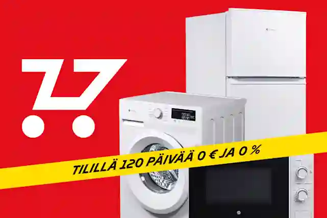 Kolme valkoista kodinkonetta punaisen taustan edessä. Jääkaappipakastin, pyykin pesukone ja mikroaaltouuni. Vieressä ilmaisen toimituksen logo, sekä nauhassa teksti:"Tilillä 120 päivää 0 € ja 0 €".