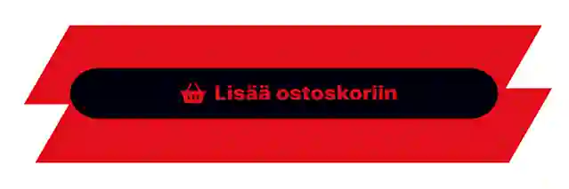 Punainen ostoskoripainike mustalla pohjalla, tekstillä "Lisää ostoskoriin" ja ostoskori-ikoni.