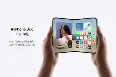 Händer håller en iPhone Duo-telefon med vikbar skärm. Text: Hej då. Kan förbeställas 16.10 kl. 15.00