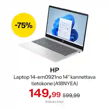 HP:n 14" kannettava tietokone nyt hintaan 149,99 € (599,99 €). Eräkko 5 kpl. Vain Helsingin myymälästä Superlauantaina 18.11.