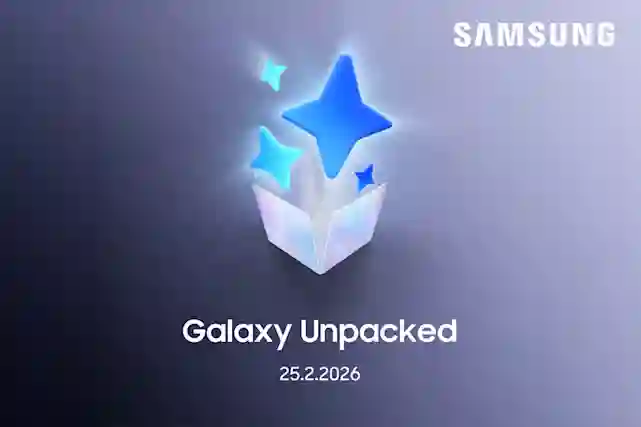 Galaxy Unpacked 25.2.2026 -teksti. Samsung-logo vieressä.