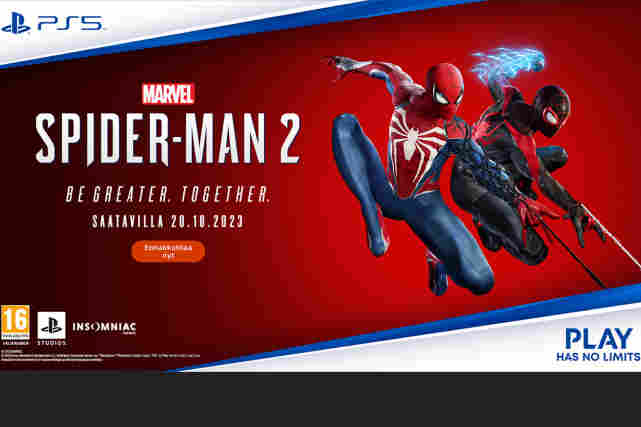 Spider-Man 2 Saatavilla 20.10.2023 Kuvassa kaksi Spidermania. Toisella punasininen puku ja toisella mustapunainen.