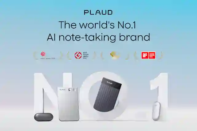 PLAUD brand promotional banner showcasing AI note-taking products and awards, including Red Dot and iF Design Award.