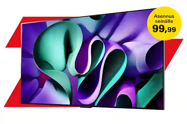LG M7 OLED -televisio. Vieressä keltainen pallura, jossa teksti:"Asennus seinälle 99,99 €". Tutustu Verkkokauppa.comin televisioihin!