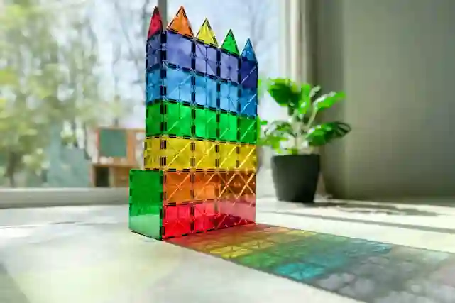 A tower structure built from colorful translucent magnetic building toys on a windowsill.