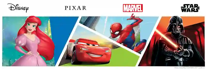 Disney Ariel-prinsessa, Pixar autot-elokuva, Marvel spiderman ja Star Wars Darth Vader.
