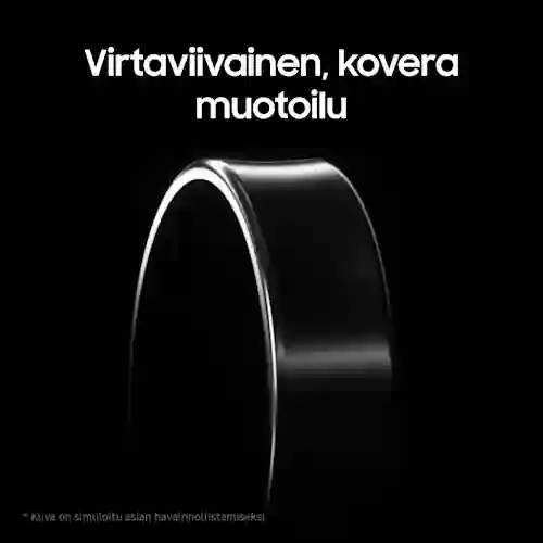 Teksti:"Virtaviivainen, kovera muotoilu". Kuva mustan Galaxy Ring -älysormuksen siluetista.