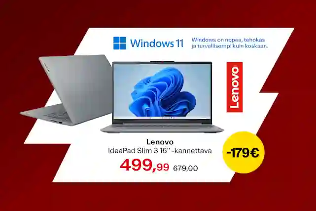 Lenovo IdeaPad Slim 3 16-tuumainen kannettava Windows 11 -tietokone. Hinta 499,99 euroa, alennus 179 euroa.